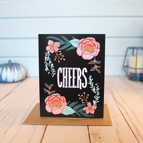 Black Floral 'Cheers!' Celebration Card