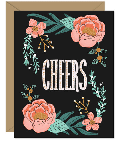 Black Modern Floral 'Cheers' card Hand-lettered & Illustrated card from the Hello Sweetie Celebration Cards.
