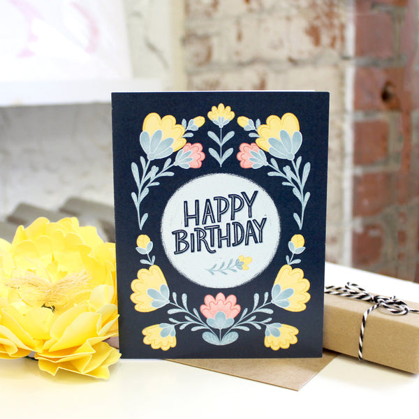 Dark Blue Folksy Floral Birthday Card