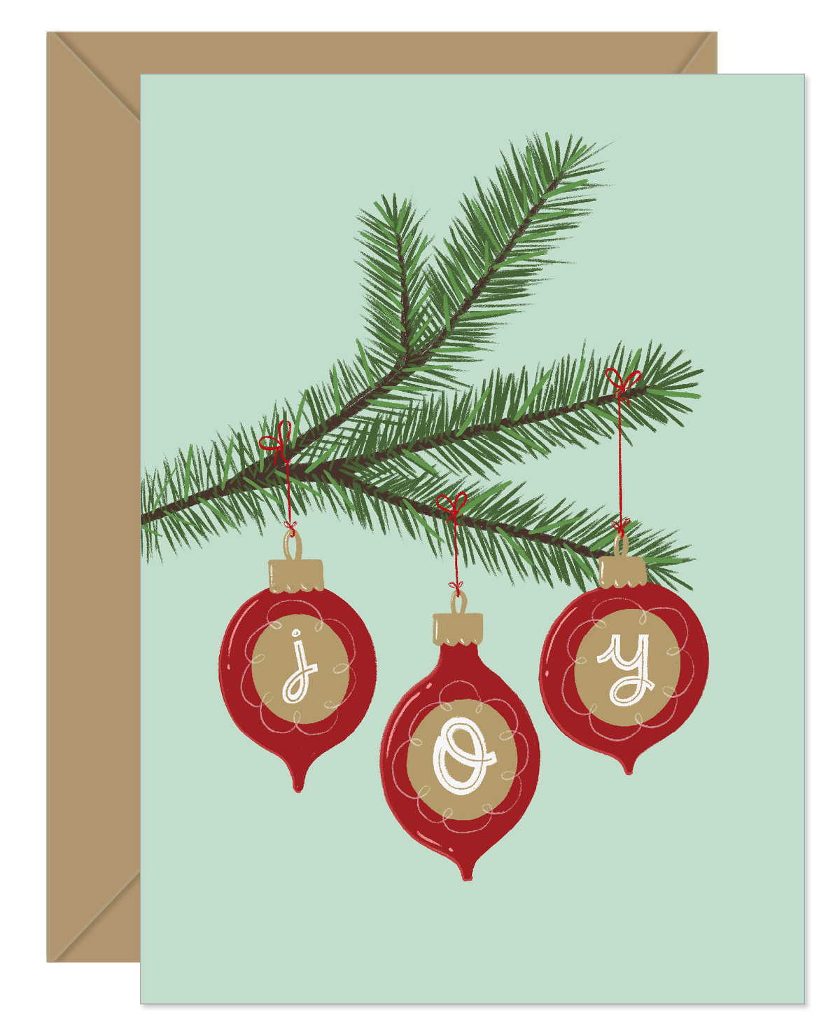 Joy Ornaments on Fir Tree Holiday Card