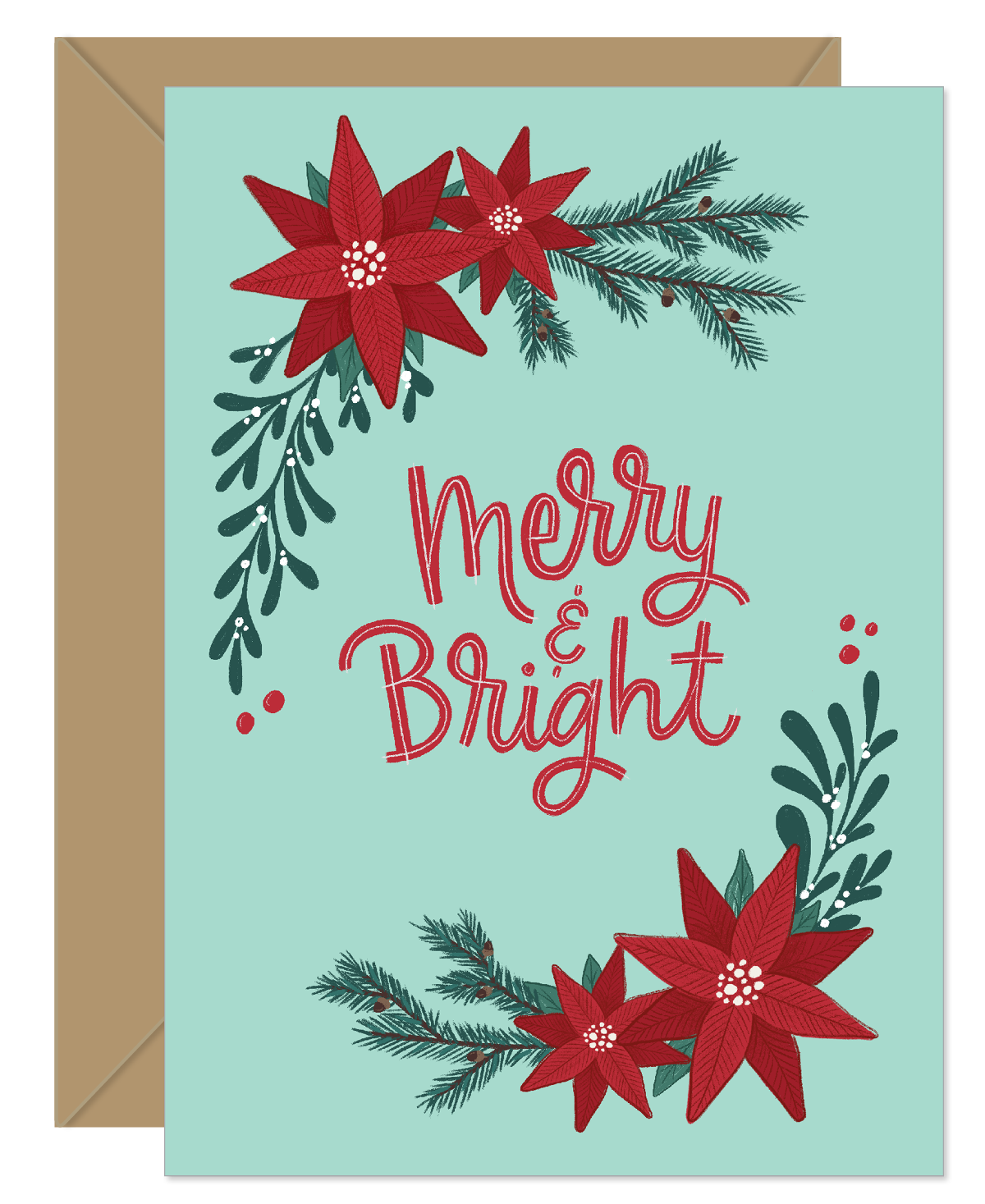 Merry And Bright Poinsettia Holiday Card